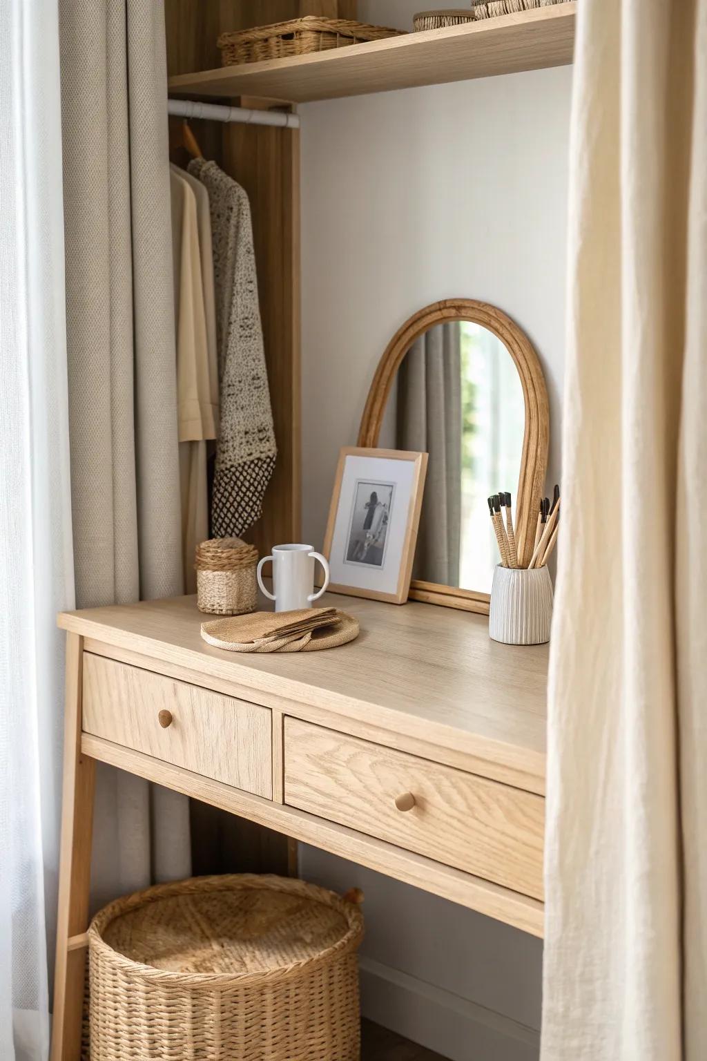 A tiny closet nook vanity: slim shelf, arched mirror, and brush cup for calm mornings.