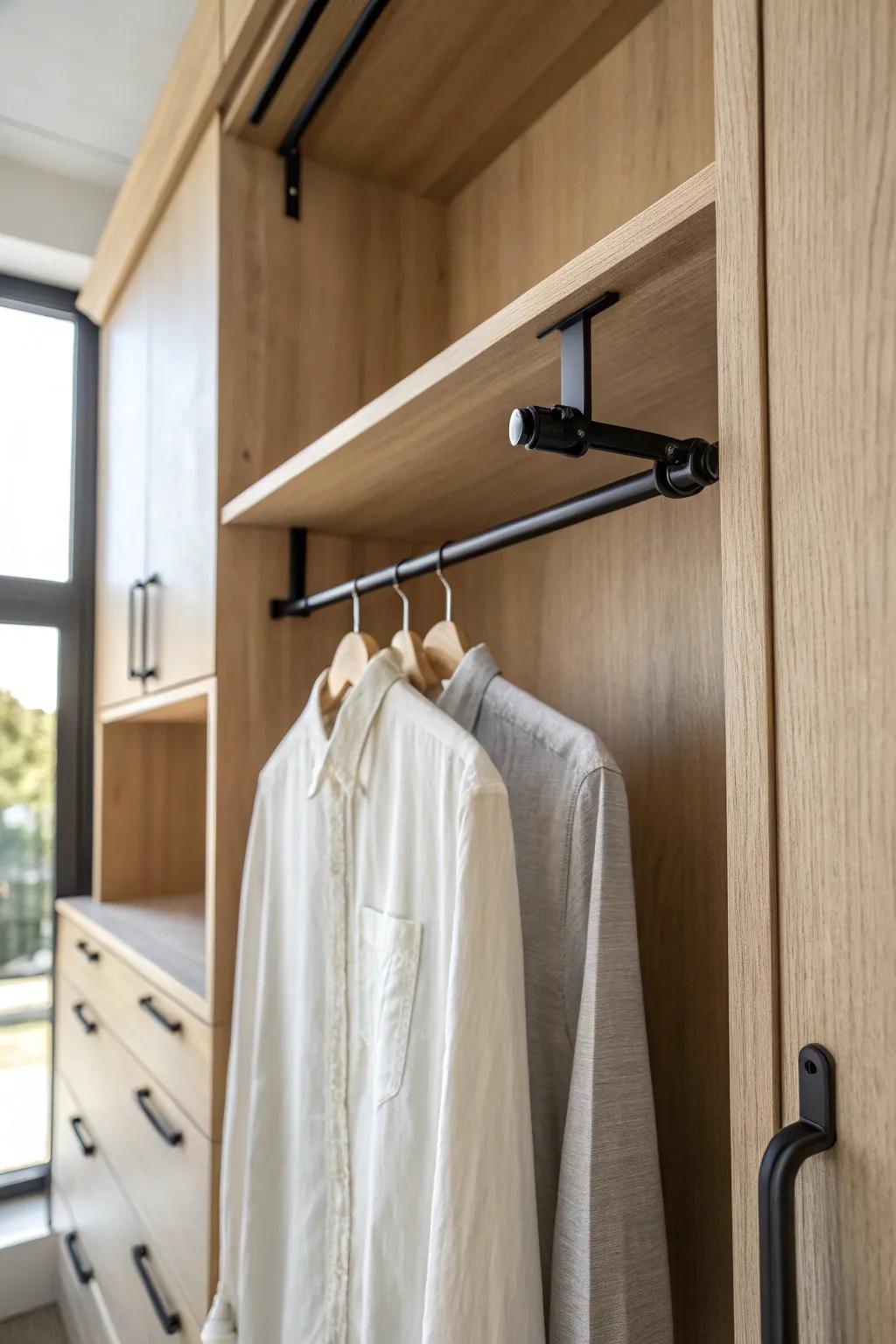 Pull-out valet rod keeps tomorrow’s outfit ready—no chair piles in your small closet.
