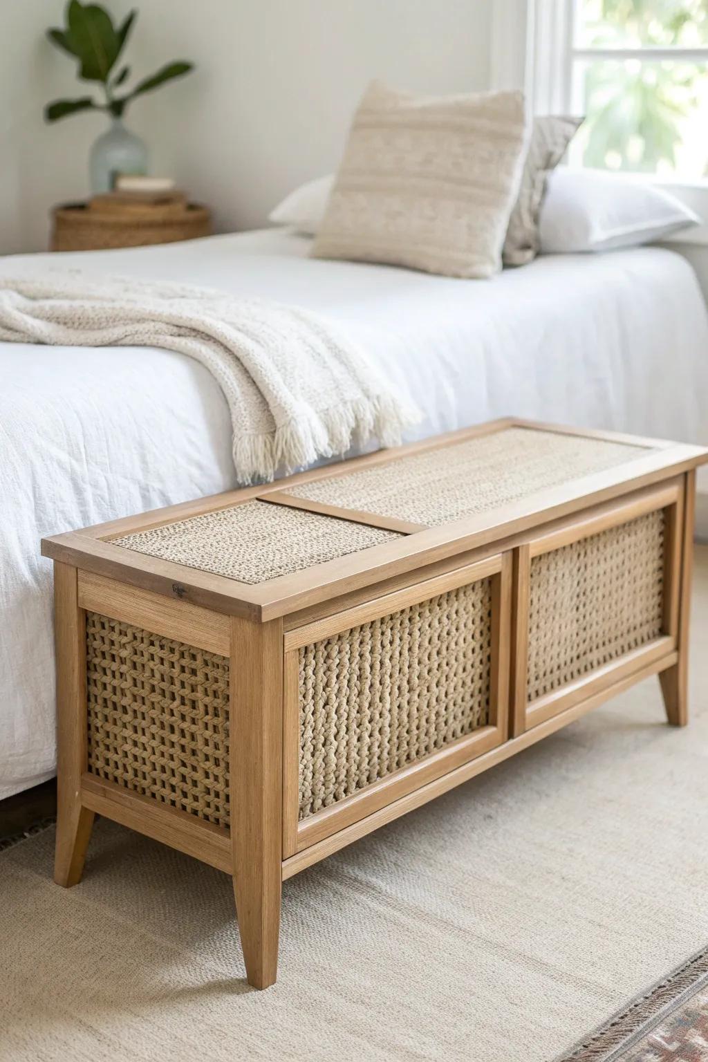A slim woven storage bench adds beachy texture—and hides extra linens in style.