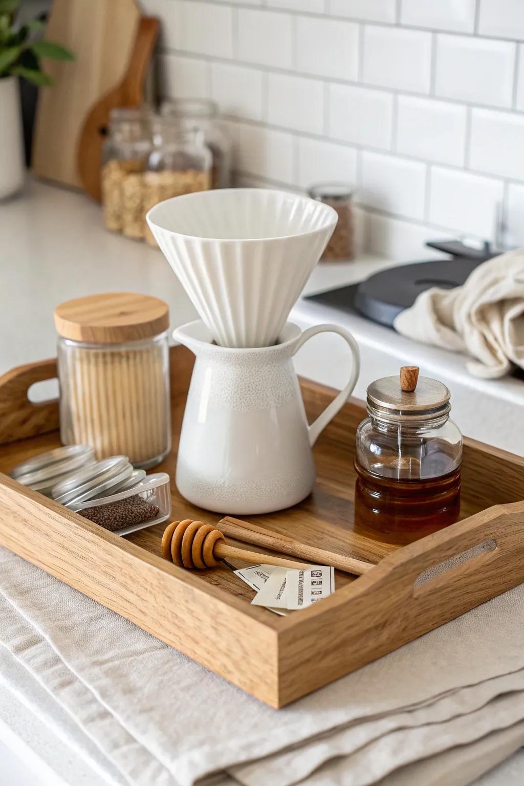A styled coffee + tea tray creates a chic beverage zone—no more cluttered condo counters.