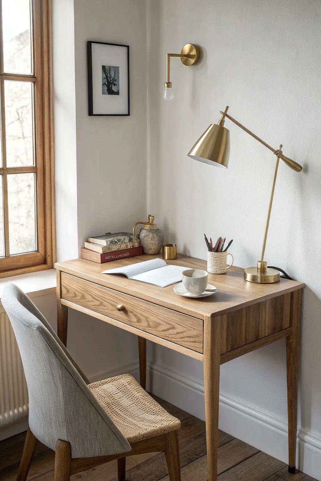 Corner desk with wall sconce lighting—built-in rental vibes and more workspace in a tiny nook.