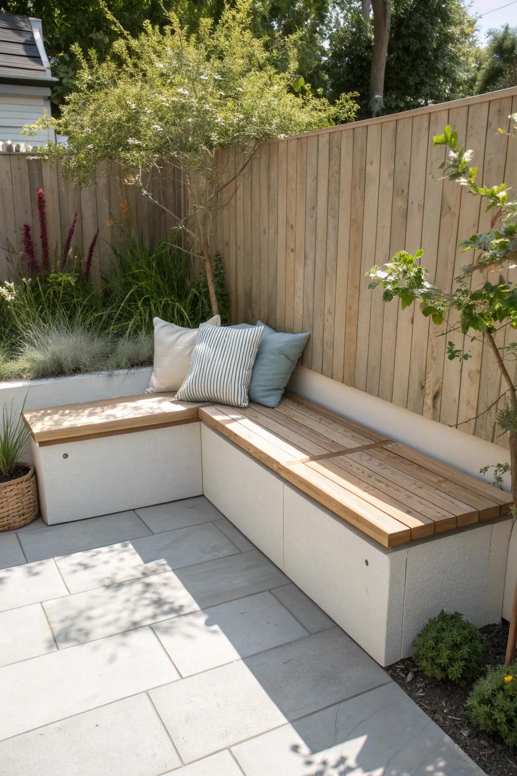A built-in-look seat wall made from sturdy planters—adds structure and solves seating in a tiny patio.