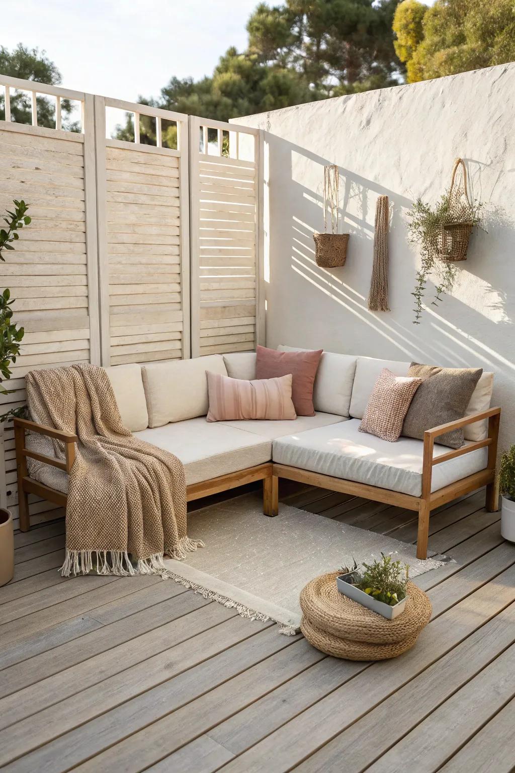 Turn a tiny deck corner into a cozy lounge with a clean, L-shaped sectional layout.