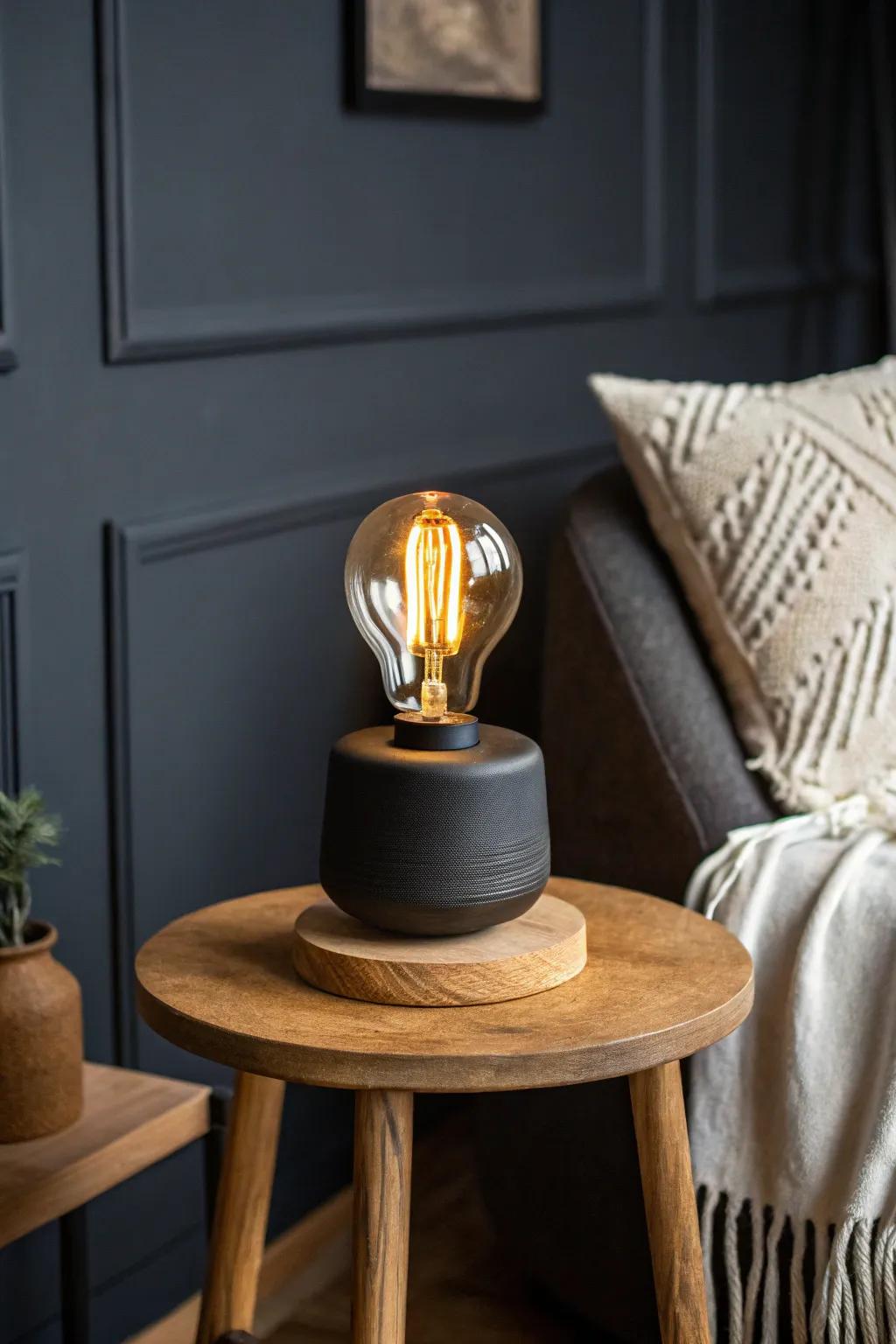 Deep charcoal walls + a warm handcrafted lamp create a tiny den that feels like a cocoon.