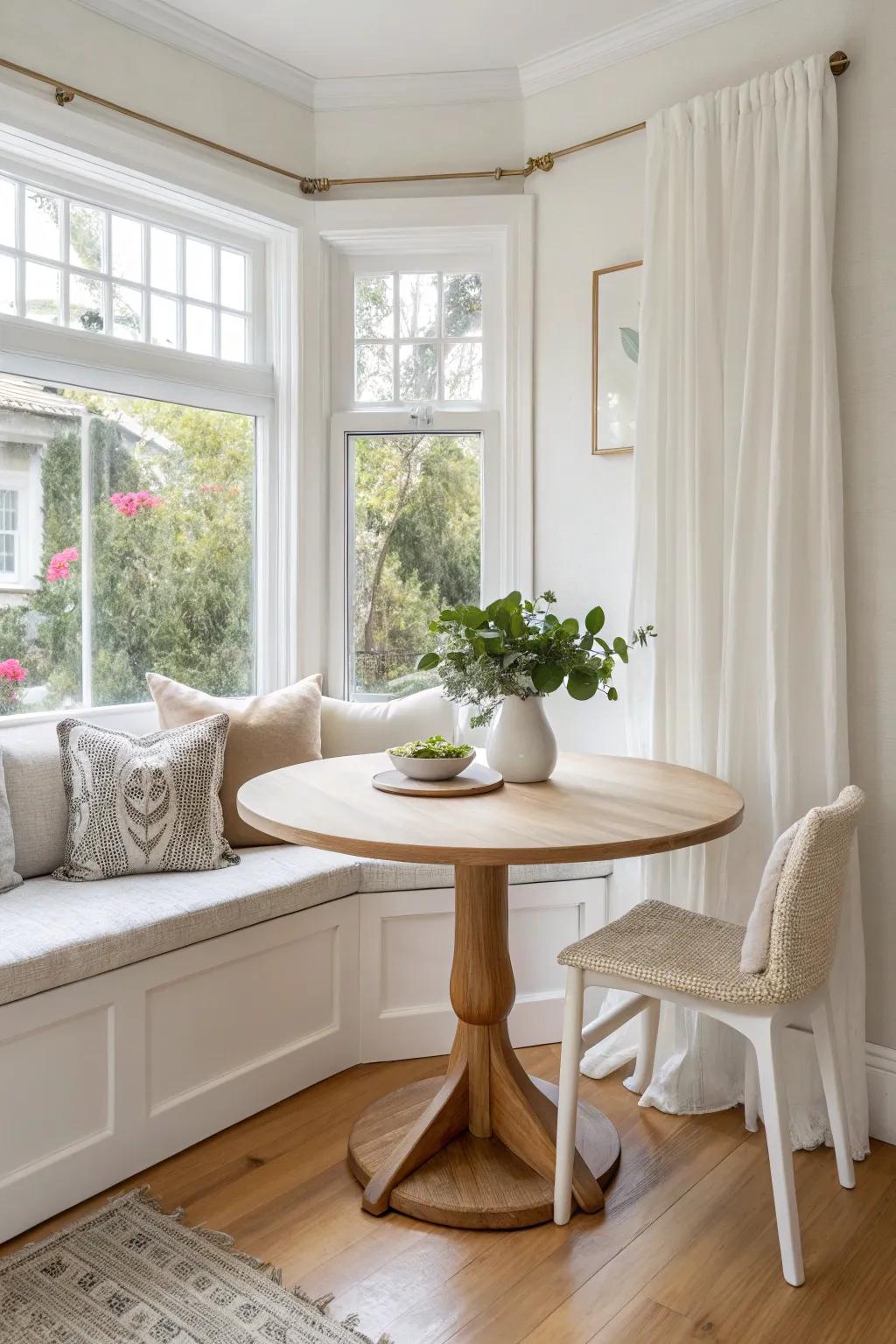 Turn a sunny bay window into a cozy dining nook with built-in seating and a petite table.