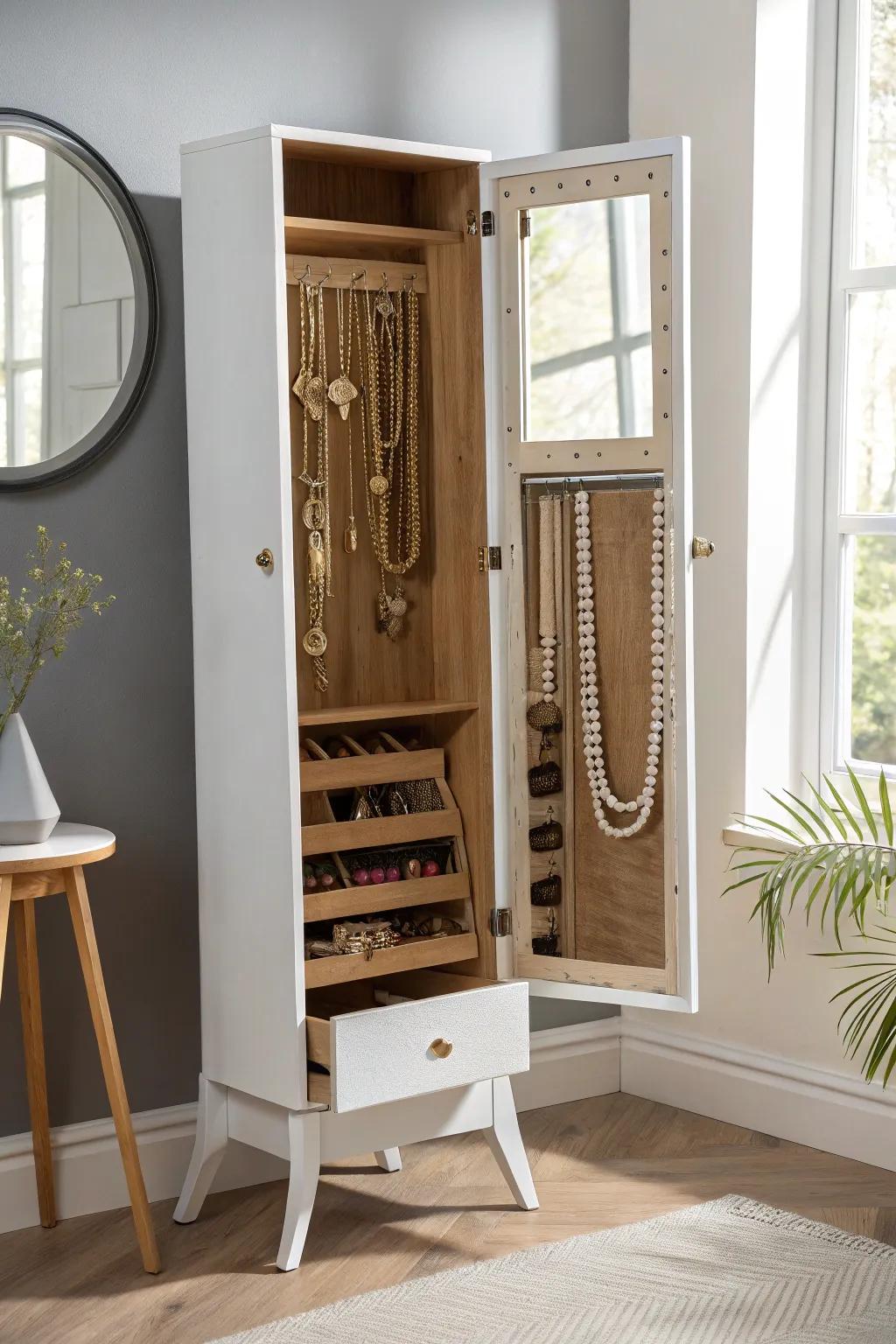 A sleek mirror cabinet that hides jewelry inside—calm, clutter-free storage for tiny dressing rooms.