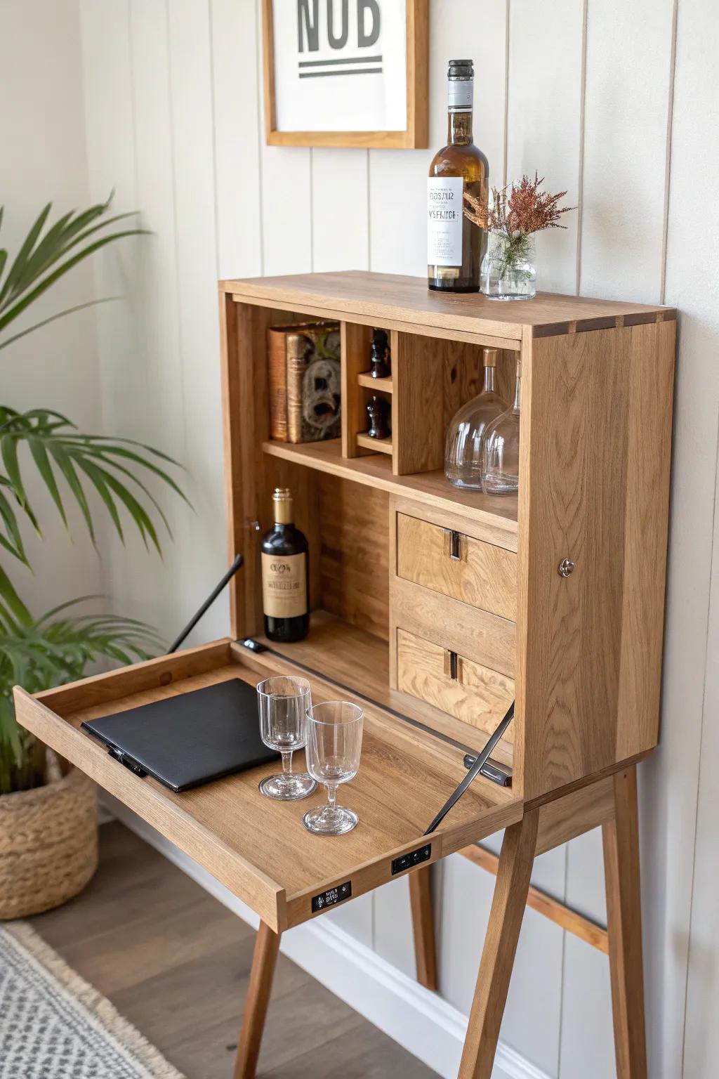 Fold-down wall dry bar: a tiny, crafted bar that disappears to keep small spaces airy.