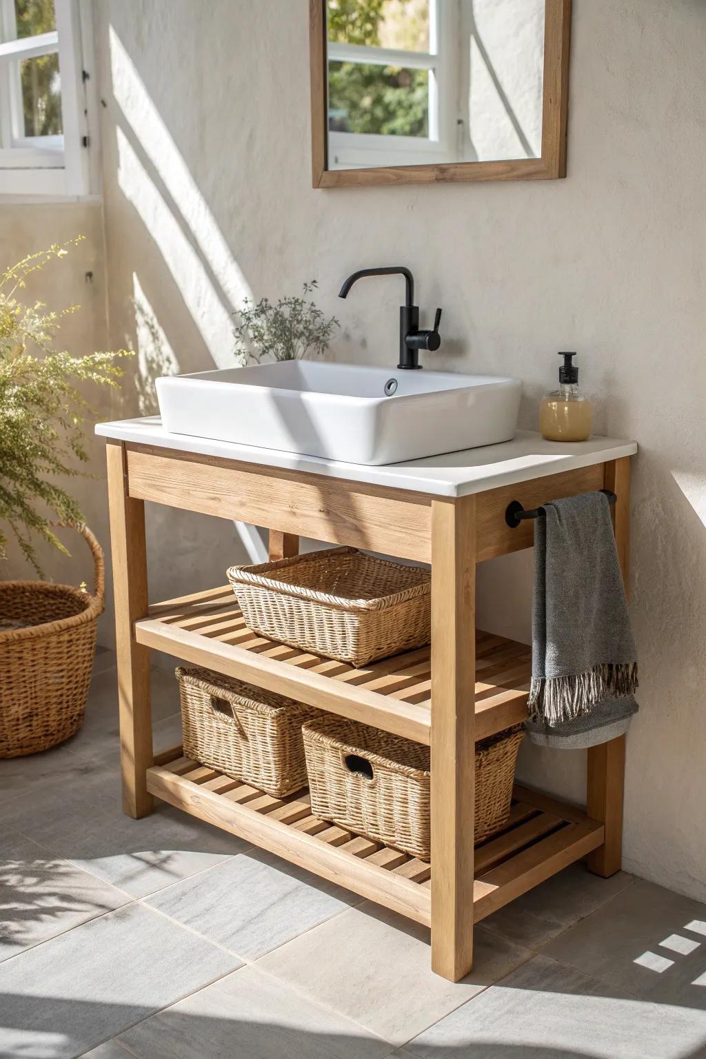 Open-under vanity + woven baskets: airy storage that keeps a tiny en suite feeling light.