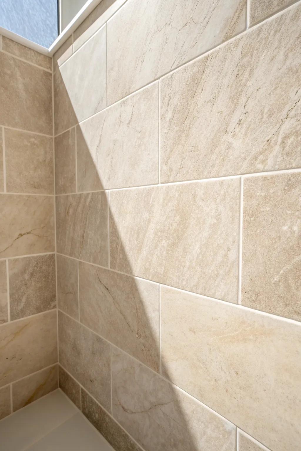 Large-format tiles calm a tiny ensuite—fewer grout lines, a cleaner and more seamless look.