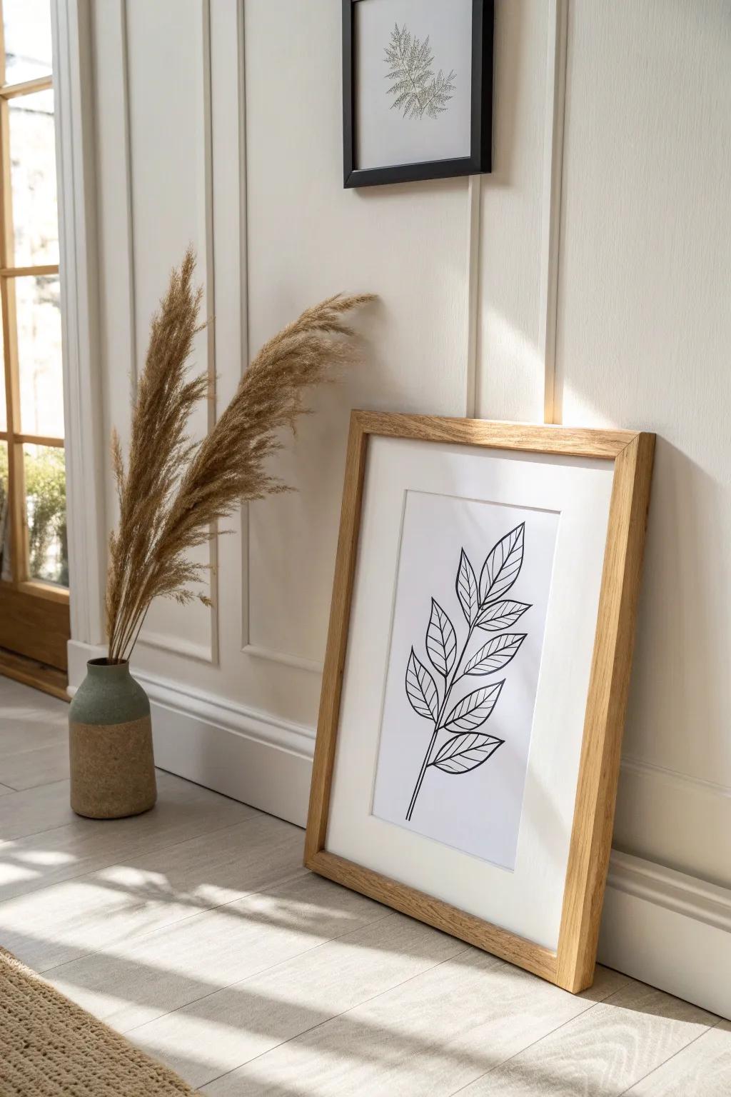 One cohesive frame style makes a tiny entry feel curated—add a gallery wall that welcomes you in.