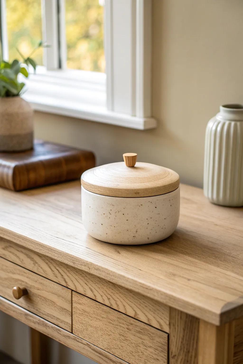 A simple lidded box keeps tiny entry essentials hidden—instantly calm and clutter-free.