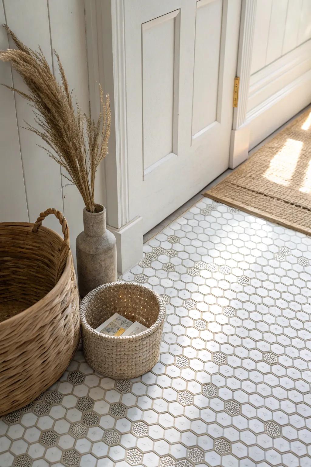 Penny round mosaic adds vintage texture and grip—minimal from afar, charming up close.