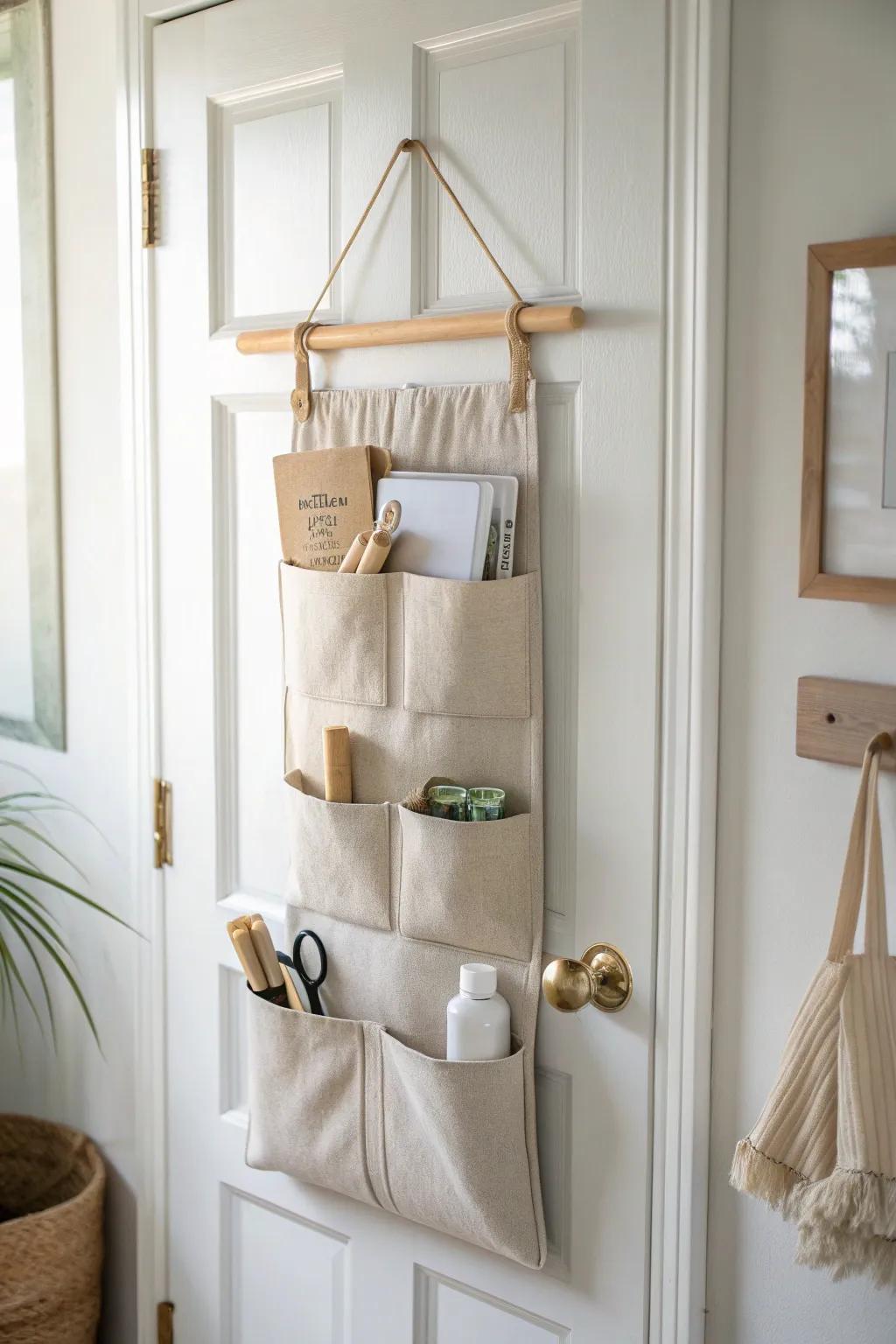 Hide everyday essentials behind the door for a calm, clutter-free small entryway.