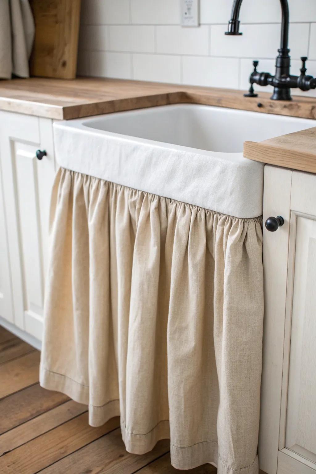 Budget farmhouse charm: a simple drop-cloth sink skirt hides clutter in a tiny kitchen.