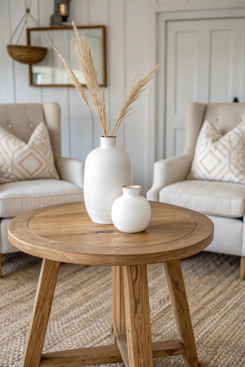Center a handcrafted side table to create soothing symmetry in the tiniest farmhouse lounge.