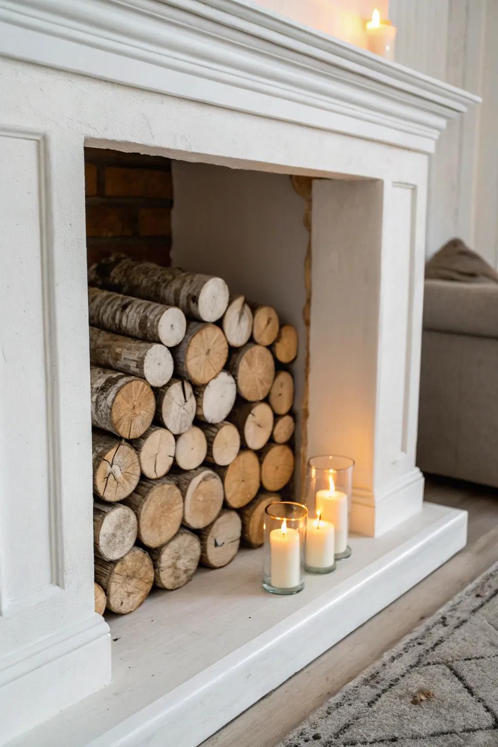 Turn a dead fireplace into a cozy focal point with stacked birch logs and warm LED candlelight.