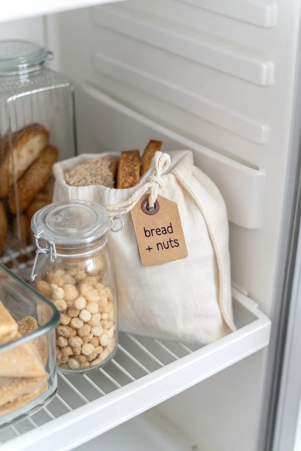 Use the freezer door for bread + nuts—warm-safe staples that won’t mind temp swings.