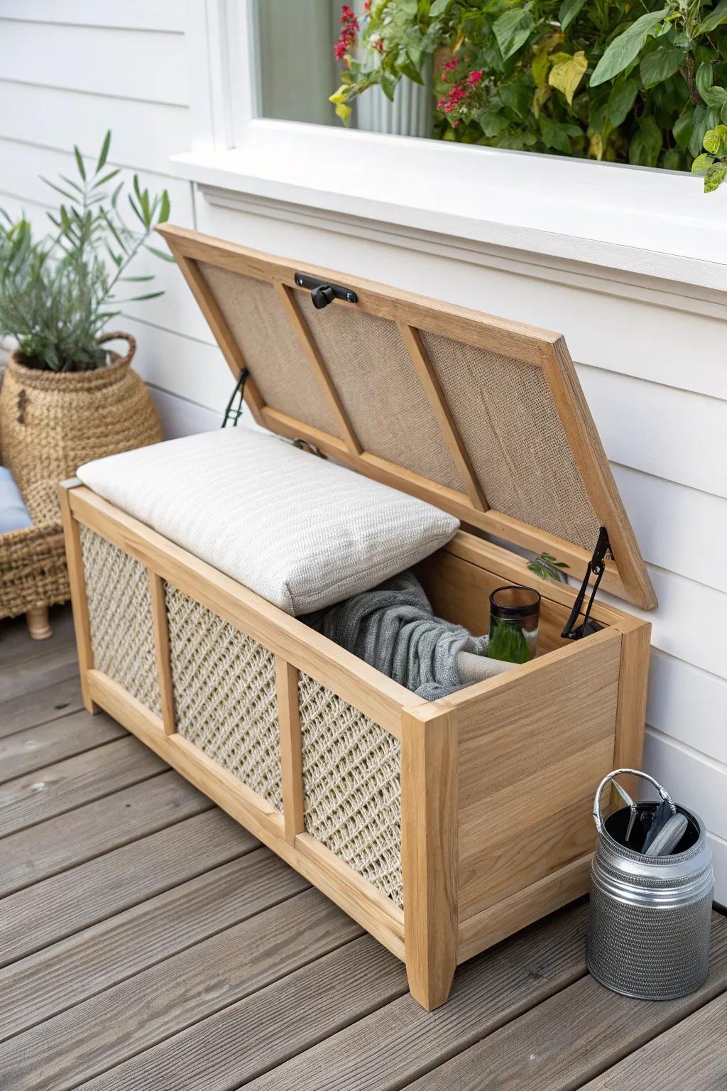 Lift-top deck bench seating hides gloves, a watering can, and seasonal decor in one chic spot.
