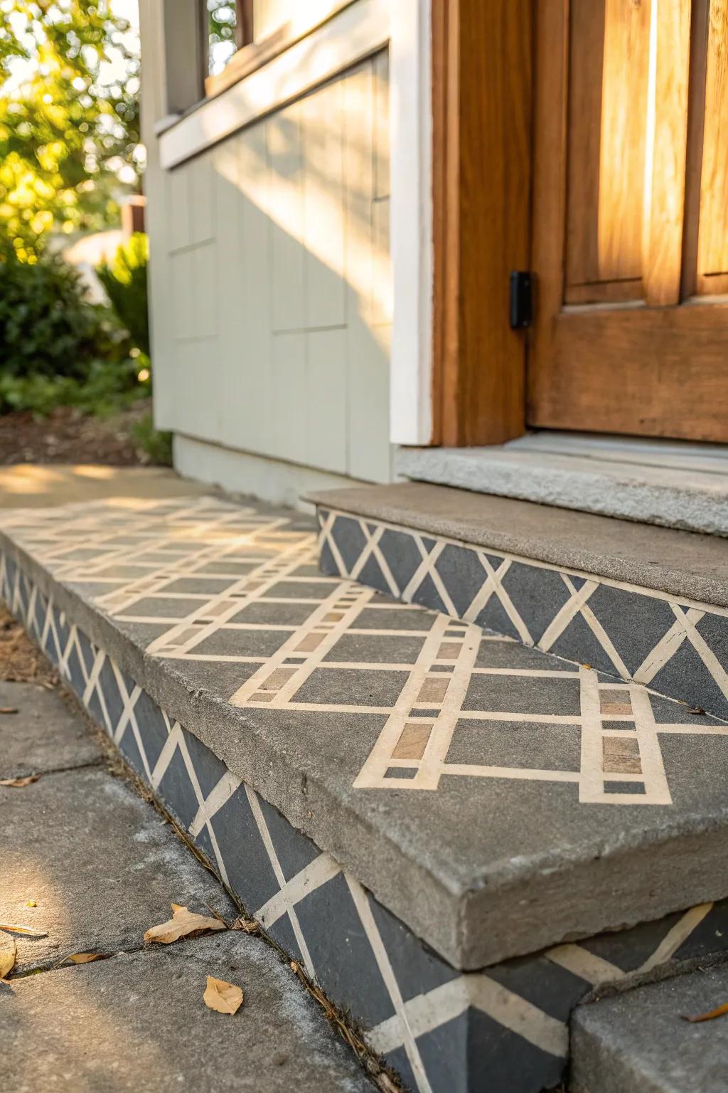 Painted geometric ‘tile’ on a tiny concrete stoop—budget-friendly exterior entrance upgrade.