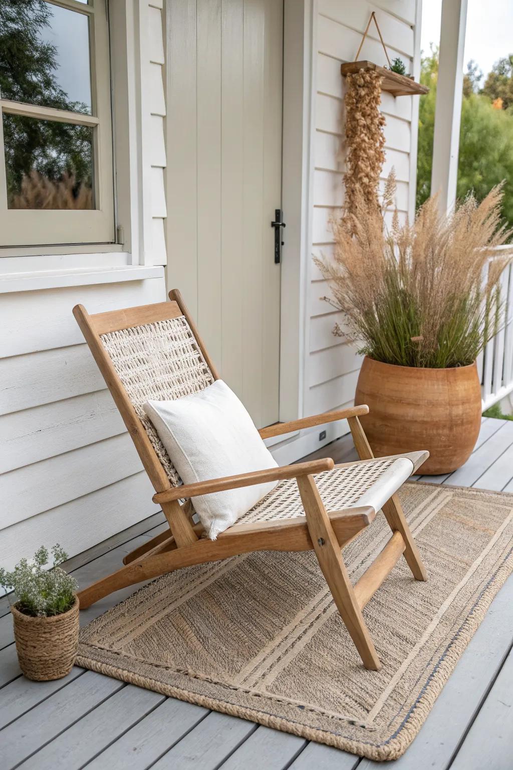 A low lounge chair keeps your tiny porch open and instantly turns it into a calm retreat.