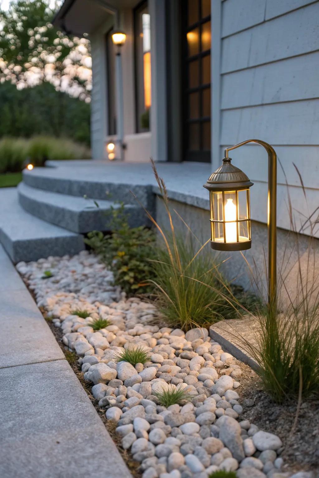 A single warm path light adds cozy guidance to a townhouse entry—soft glow, never runway-bright.