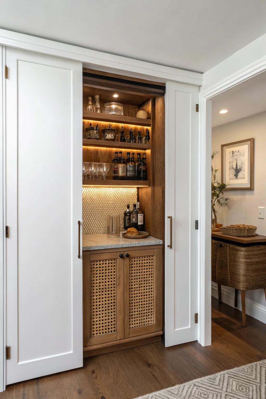 A shallow closet becomes a hidden speakeasy bar—perfect for small game rooms and multipurpose spaces.