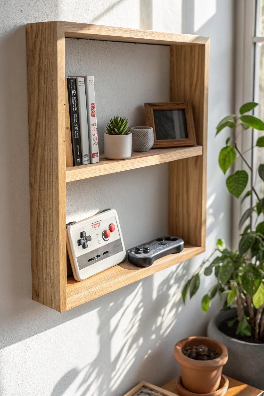 Turn your gaming collectibles into chic wall decor with a minimalist shadow box—zero desk clutter.