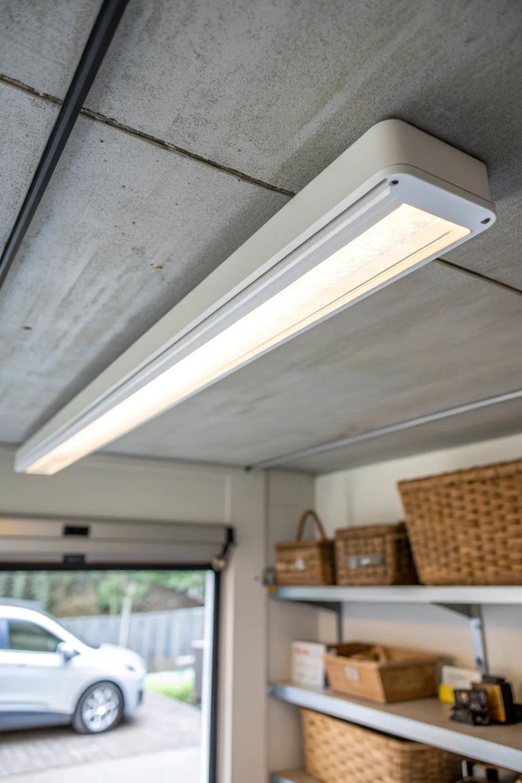 Bright, even overhead lighting makes a small garage feel bigger—minimal, warm, and tidy.