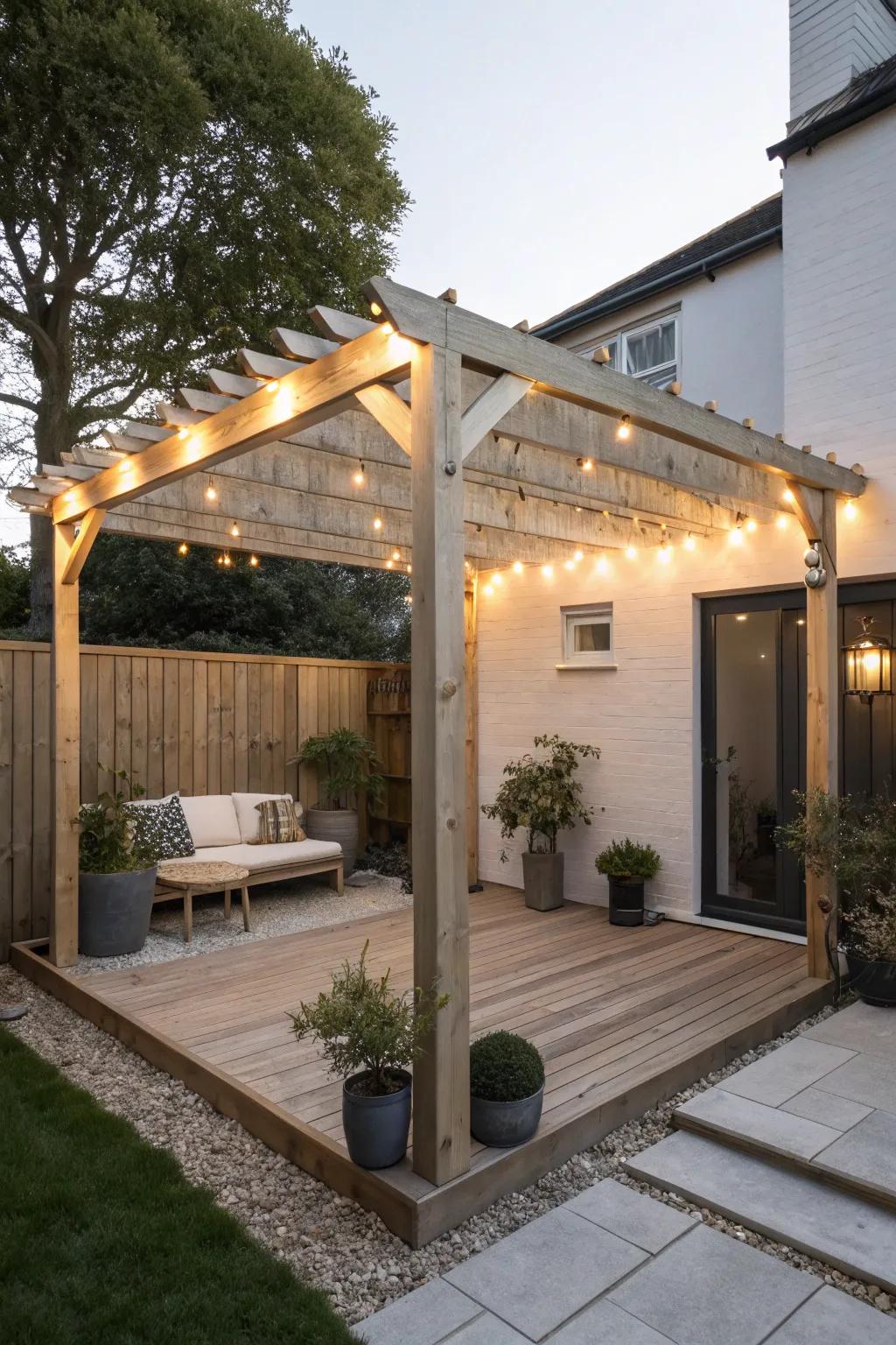 Add a slim pergola to your small deck for cool shade and a cozy outdoor-room vibe.