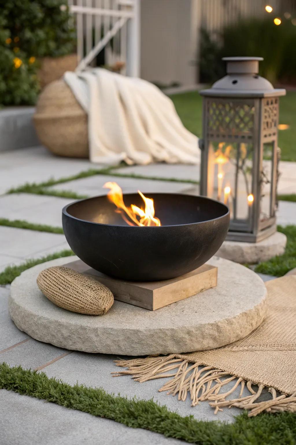 A fire bowl on a heat-safe pad keeps tiny patios cozy while turf stays soft and intentional.