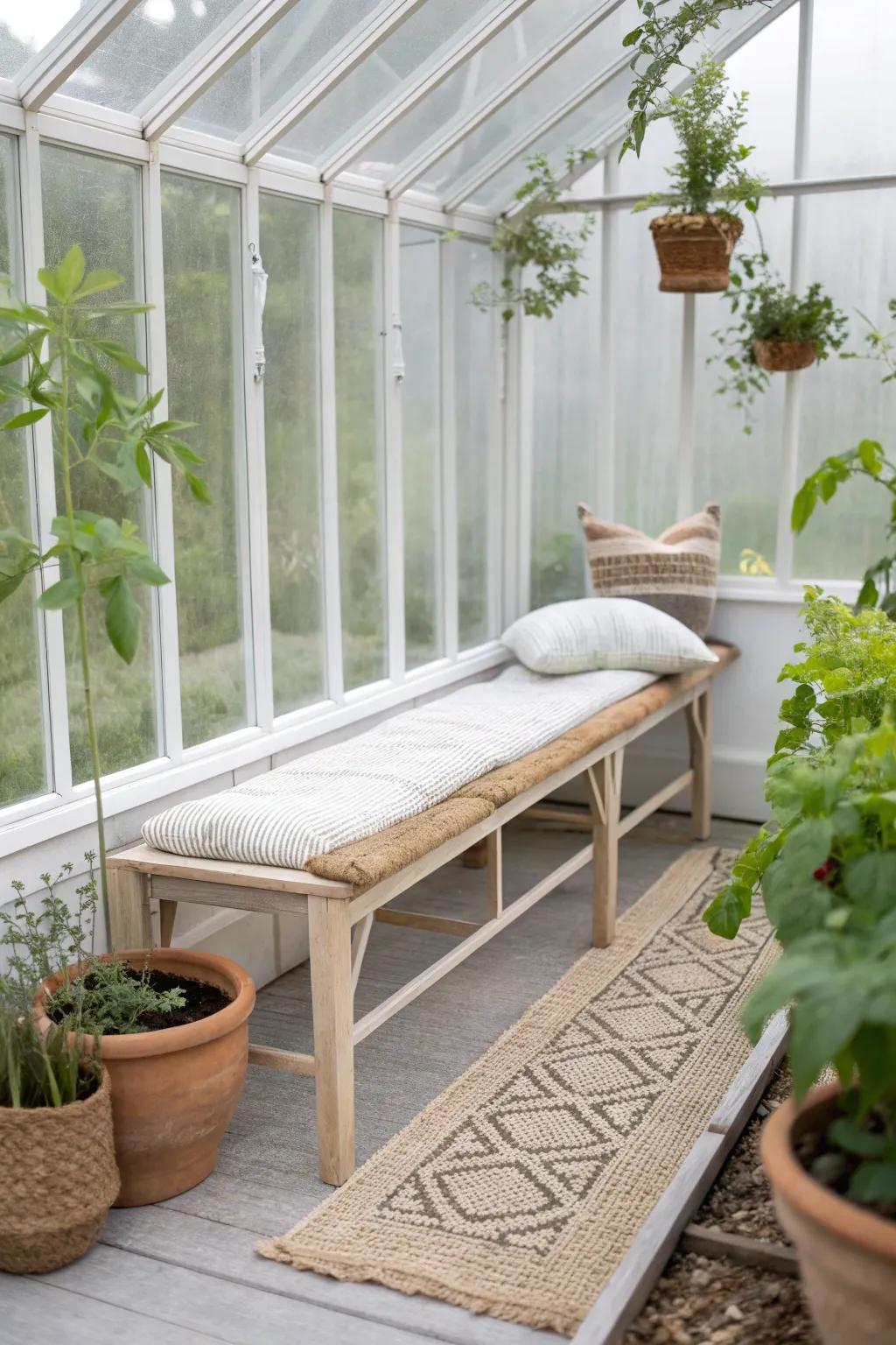 Turn a mini greenhouse into a calm retreat with a slim seat and lush greens inside.