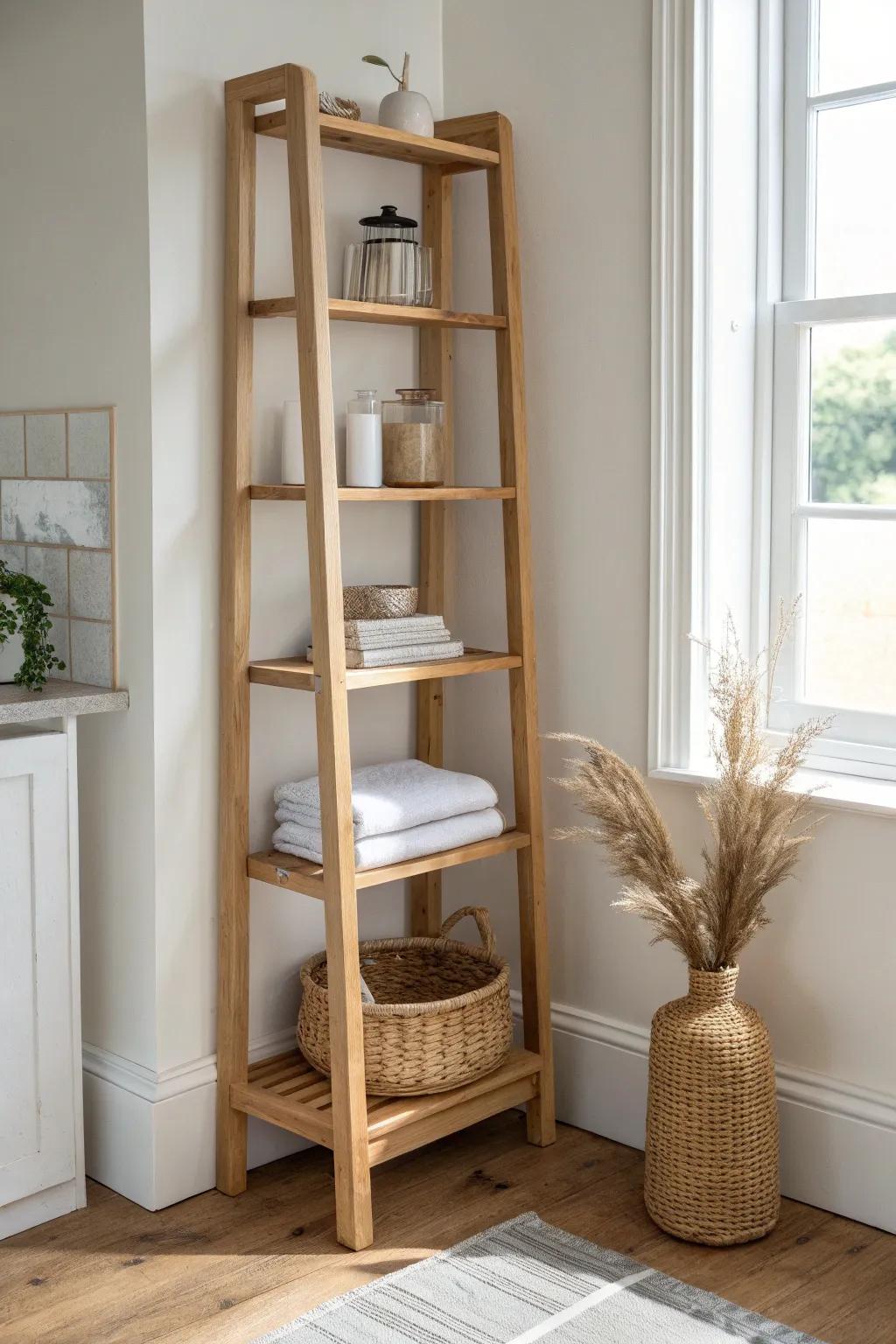 Go vertical with one tall shelf—guest-ready storage without stealing precious floor space.