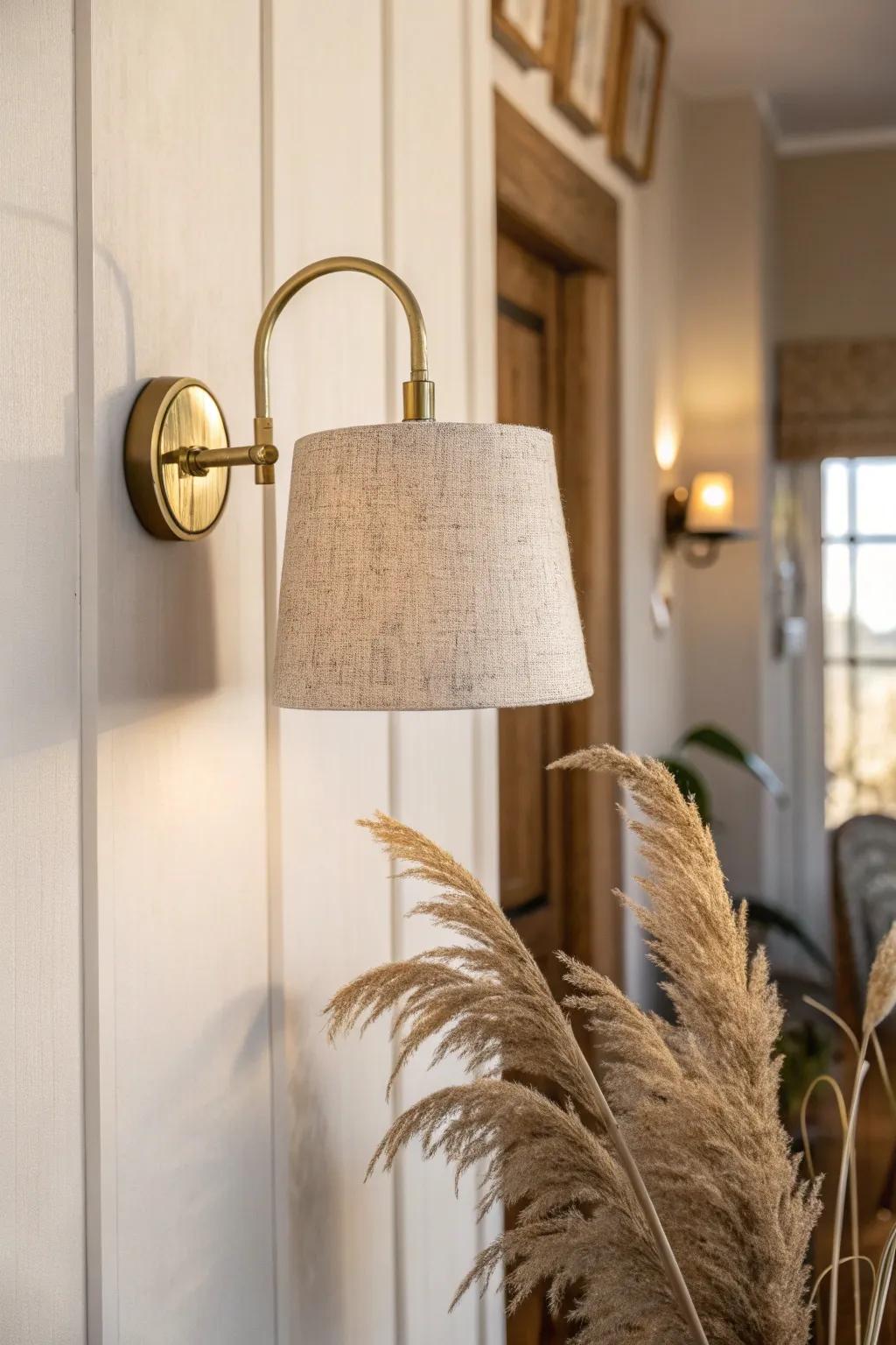 Warm neutral paint and a soft-glow sconce make even a tiny hallway feel welcoming.