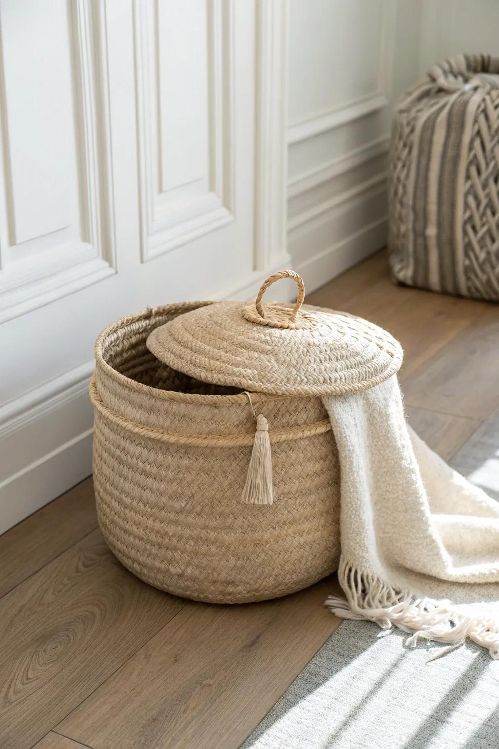 A lidded basket that looks styled, hides the chaos, and keeps small-space living rooms calm.