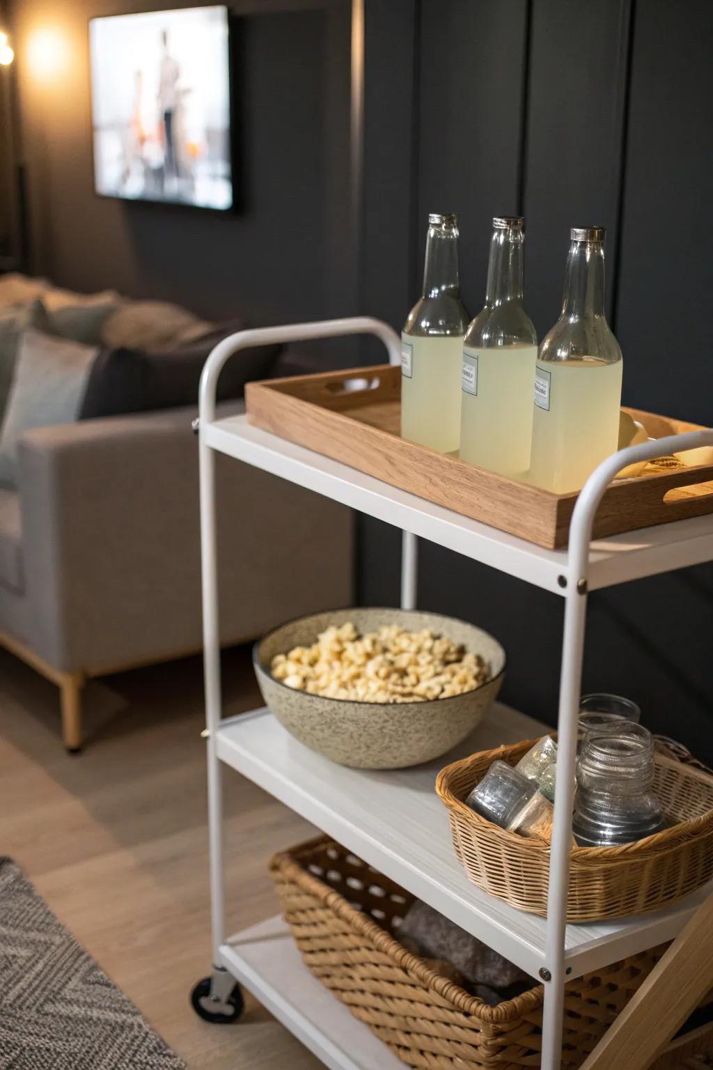 A slim snack cart keeps your small home theater tidy—popcorn, napkins, and drinks only.