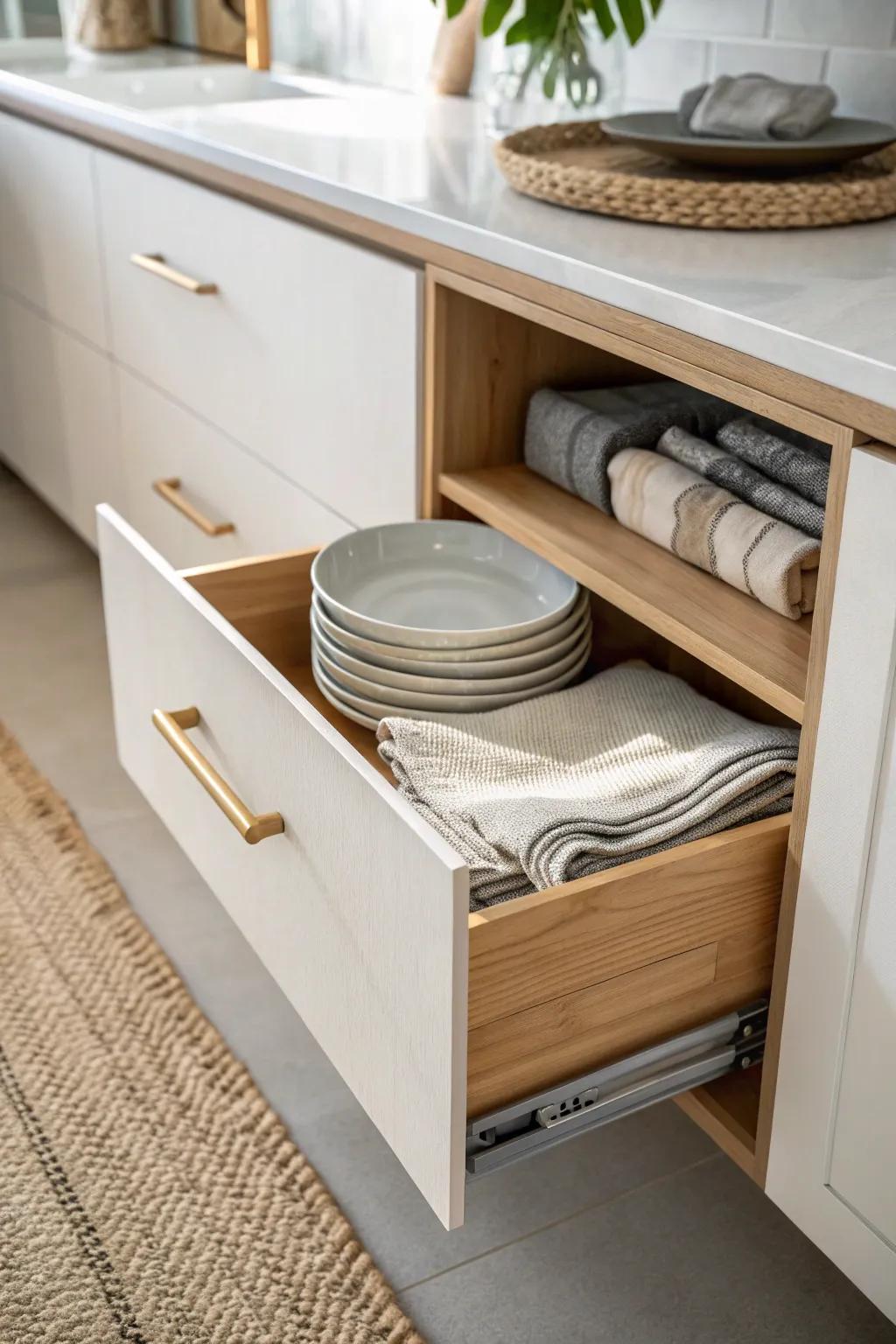 A hidden toe-kick drawer keeps baking sheets and linens close—without cluttering counters.