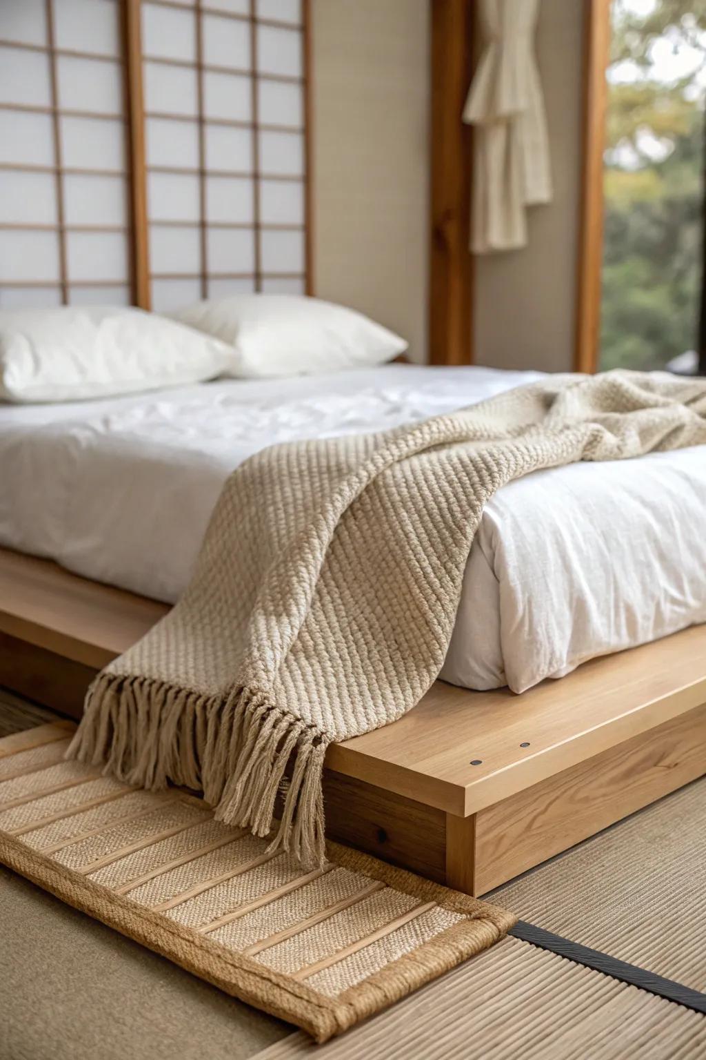 Cozy without clutter: layer linen and a woven throw for a calm Japanese bedroom.