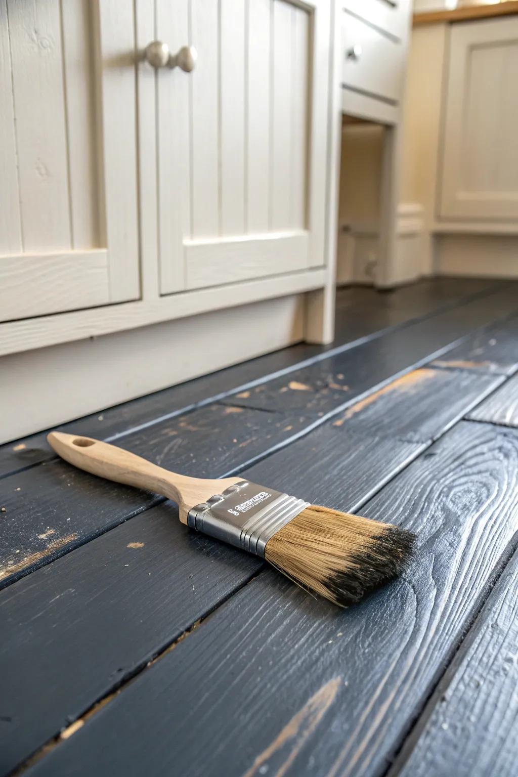 Deep, moody painted floorboards: a bold, budget small-kitchen upgrade on a shoestring.