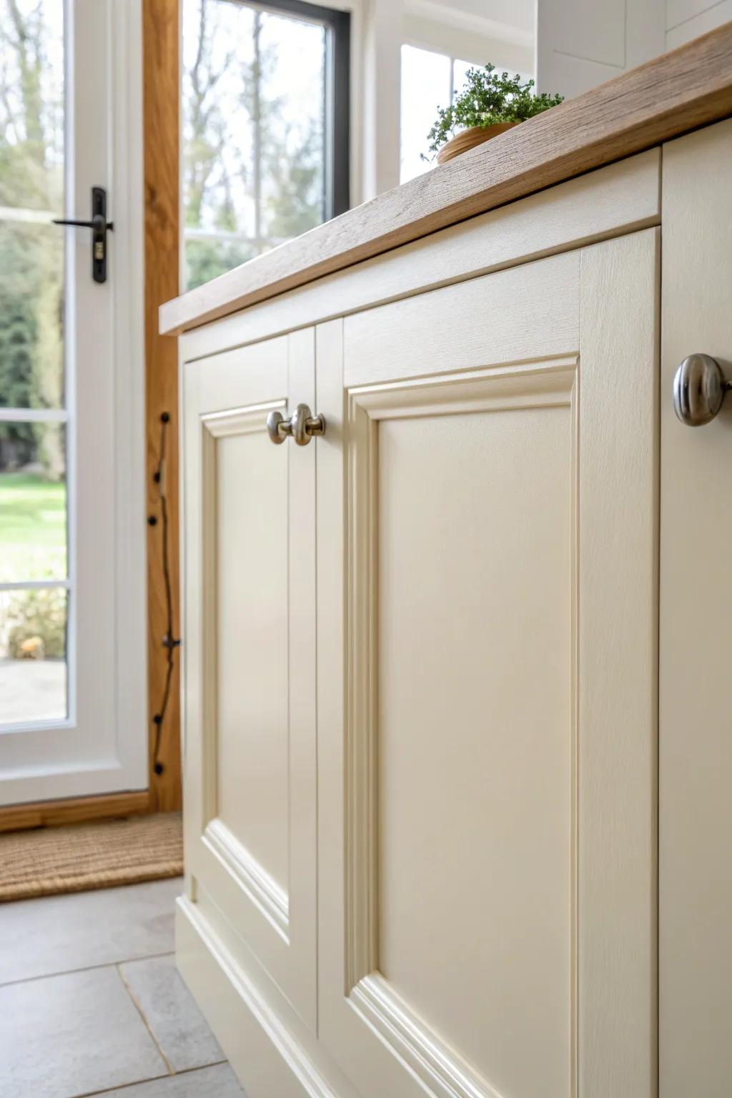 High-gloss cabinet paint reflects daylight, making a tiny kitchen feel brighter and bigger.