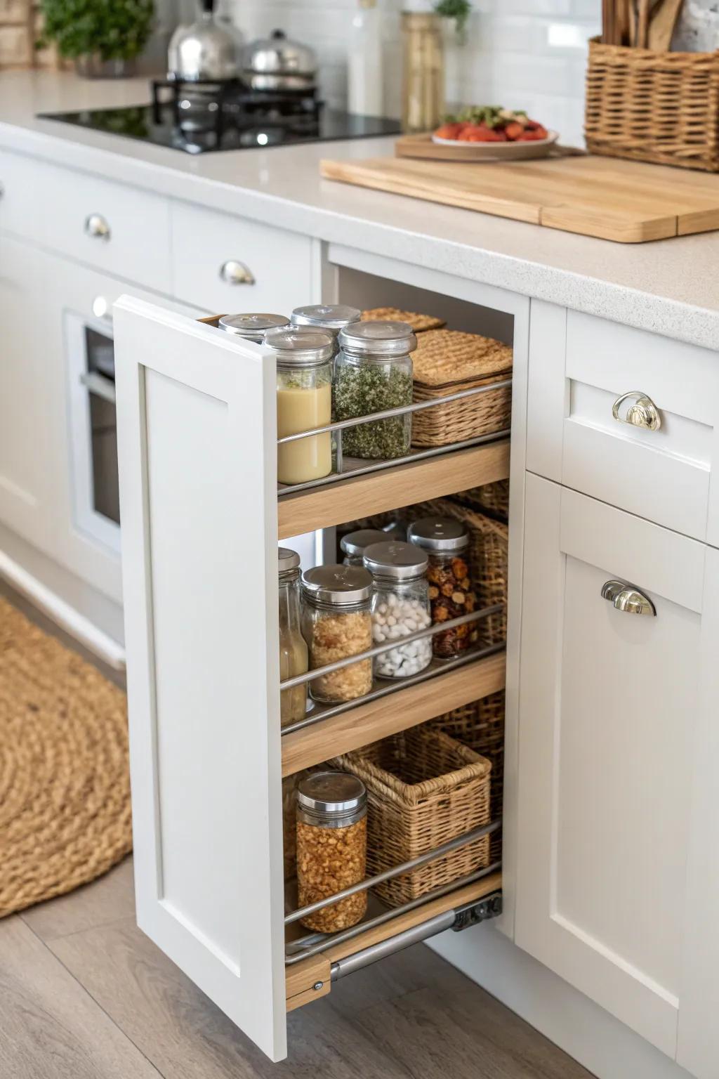 A pull-out mini pantry tower at the peninsula end keeps spices and snacks organized in small kitchens.