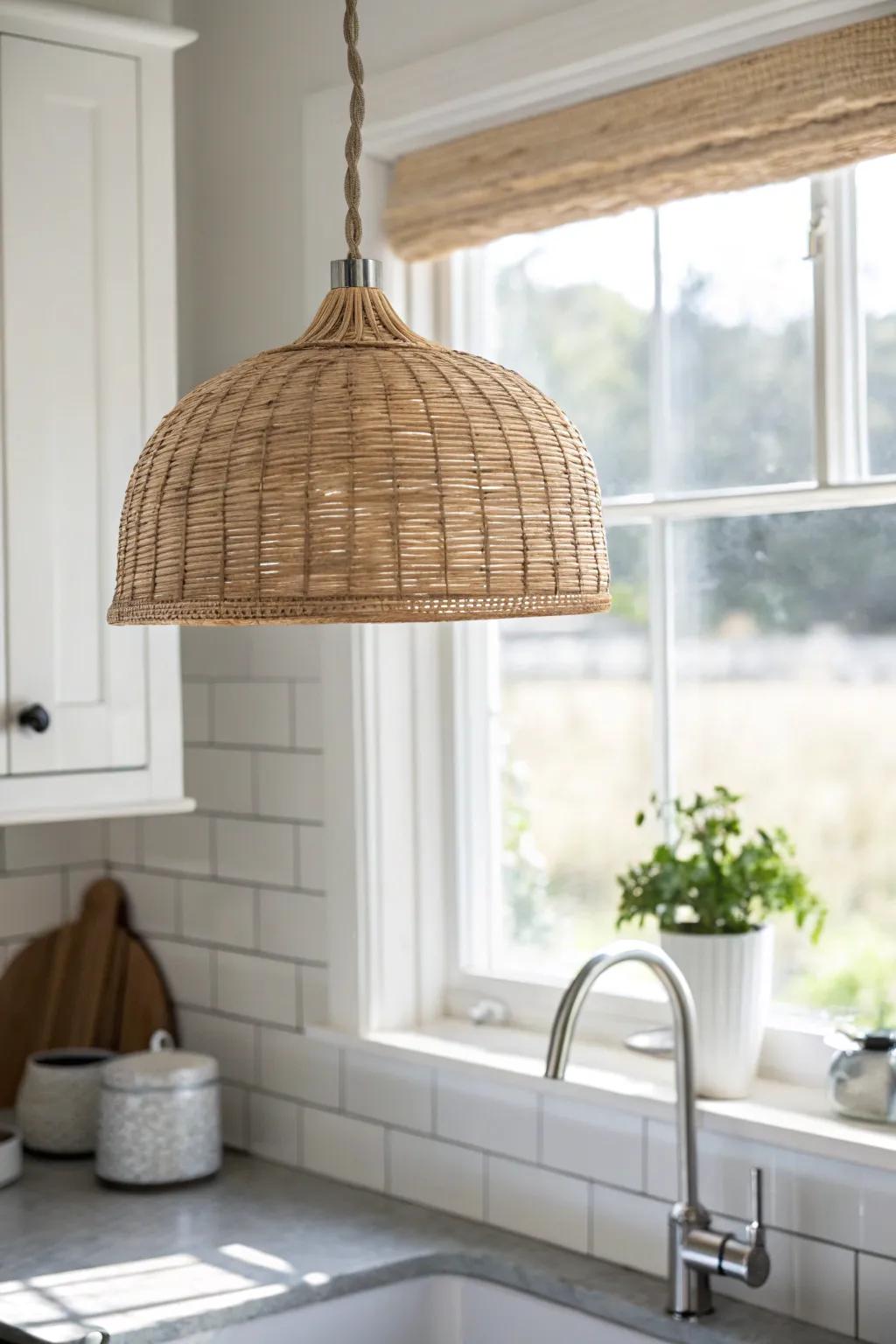 A petite woven pendant in front of the sink window adds style without blocking the view.