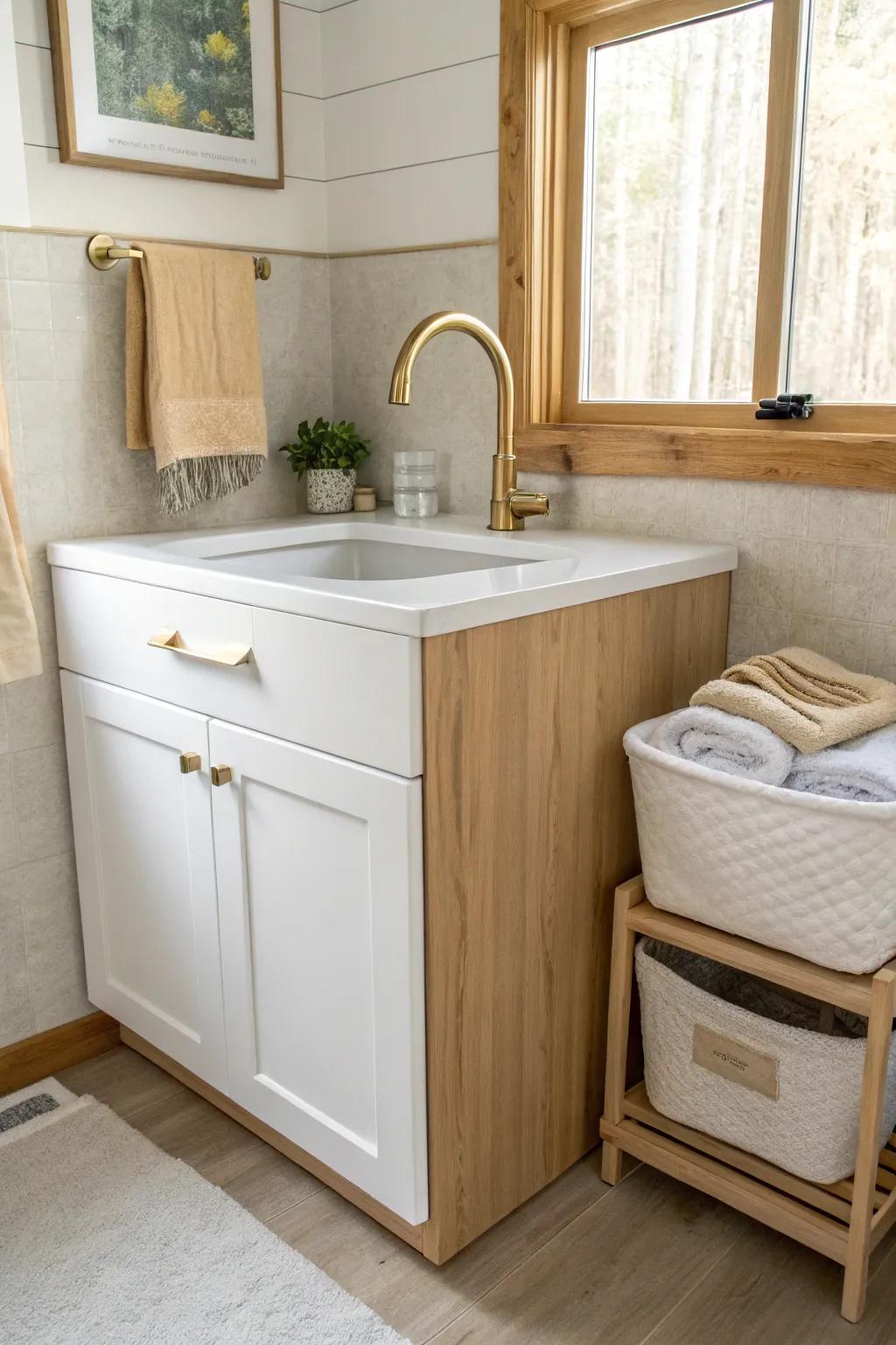 A slide-in oak sink enclosure makes a basic utility sink look built-in and beautifully tidy.