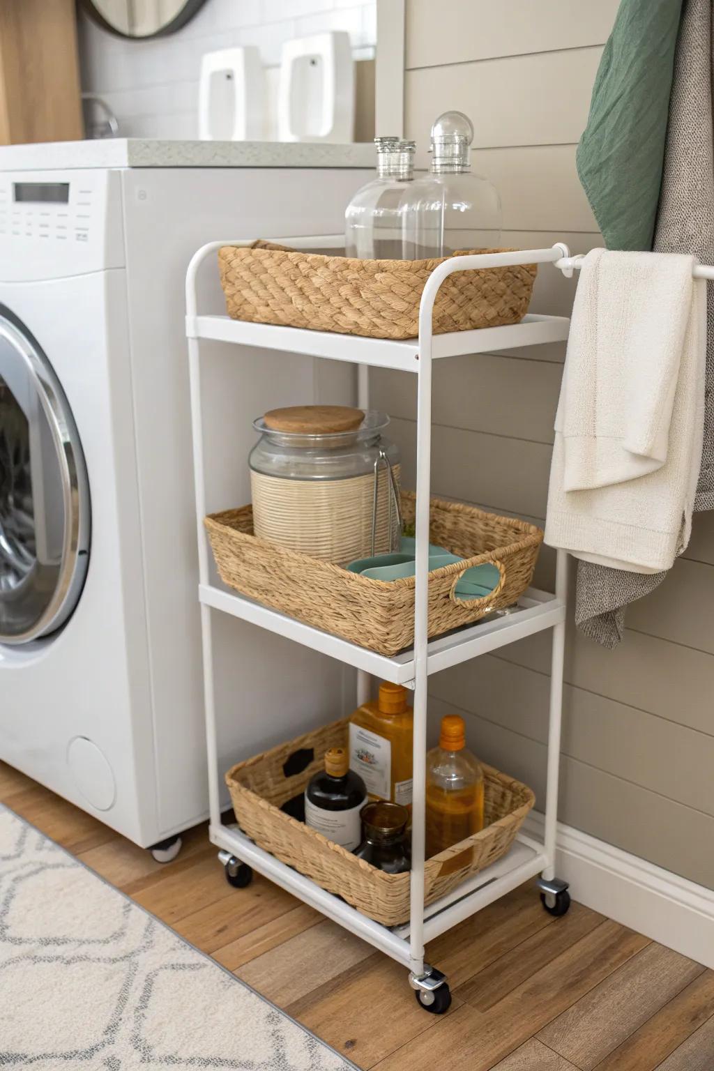 A slim rolling cart that glides from laundry to pantry—calm, chic small-space storage.