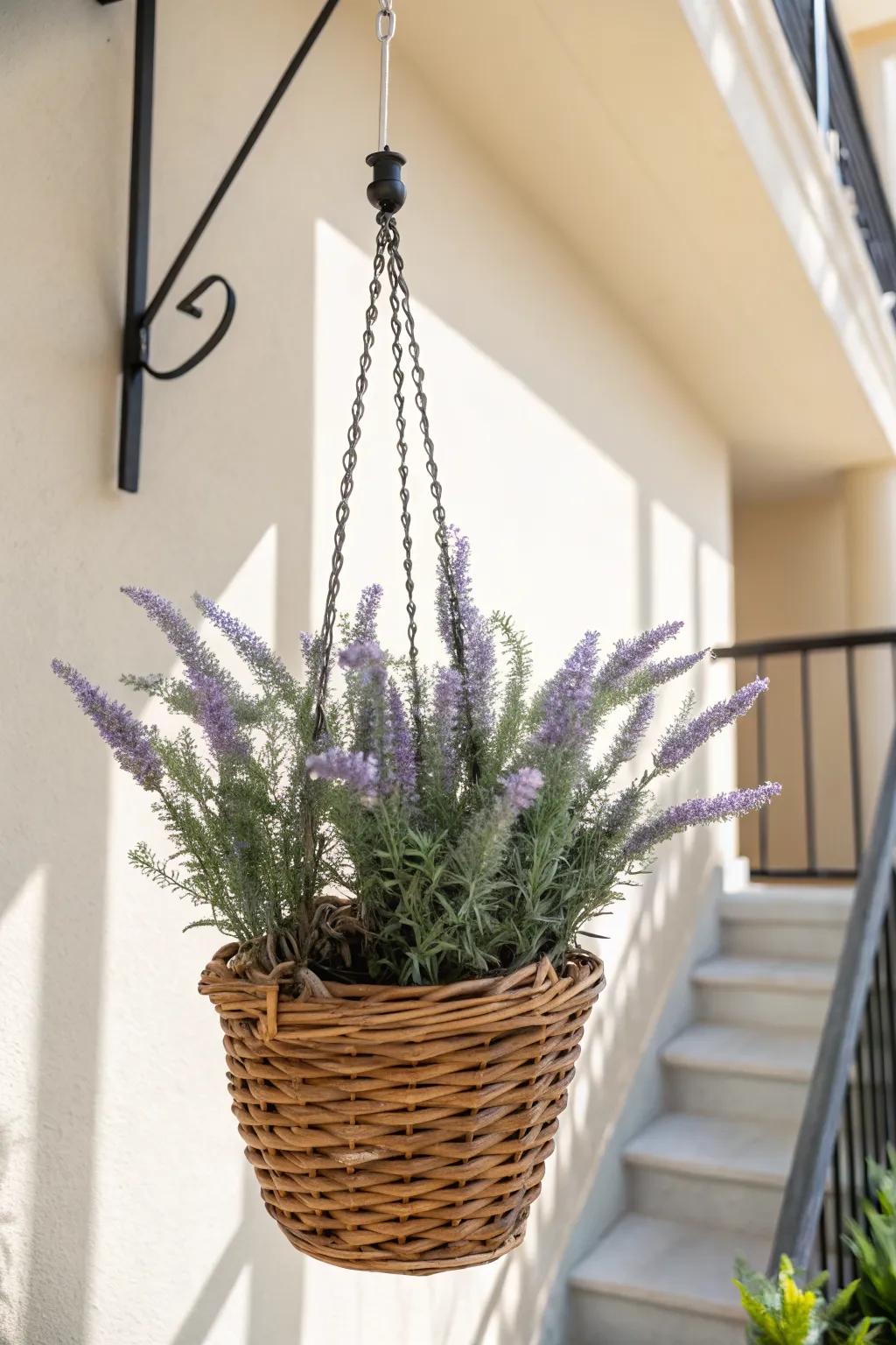 Hanging lavender basket for tiny balconies—adds vertical charm and a nose-level calming scent.