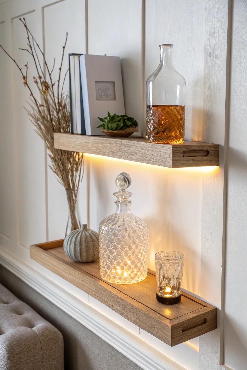 Layered under-shelf lighting turns a tiny living room bar into a warm, glowing focal point.