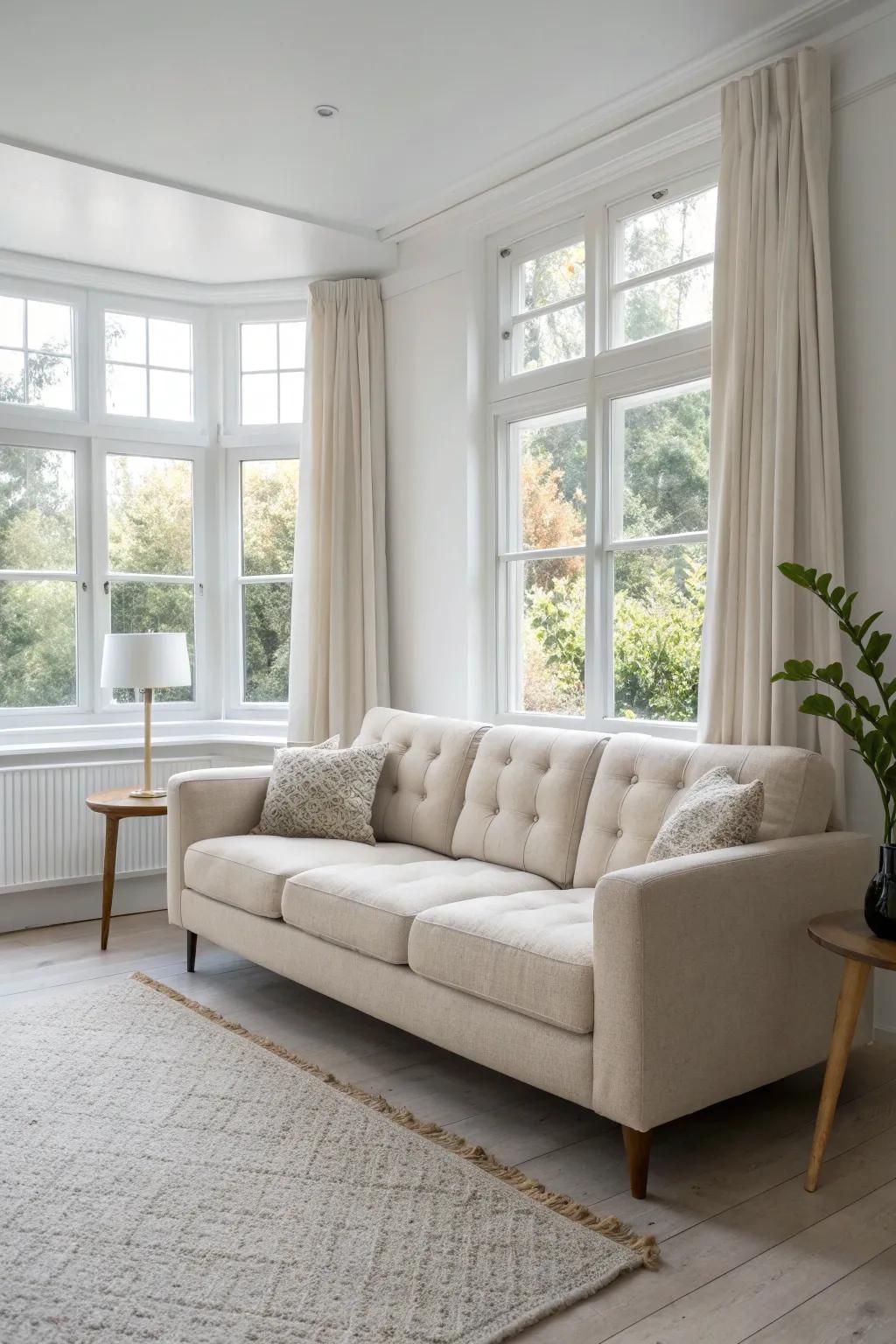 Turn an awkward bay window bump‑out into a built‑in lounge by tucking in a big couch.