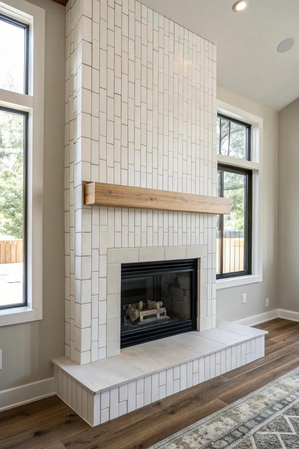 Floor-to-ceiling handmade tile makes a small fireplace feel taller, brighter, and luxe.