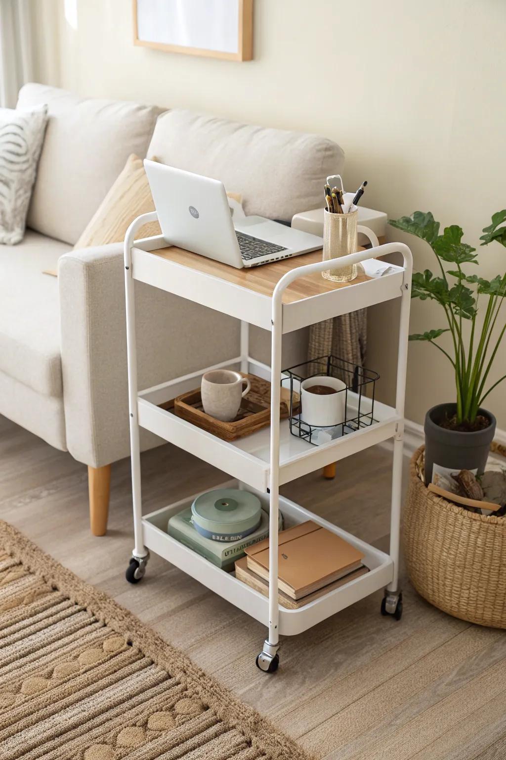 A rolling supply cart that glides from work mode to cozy living room in seconds.