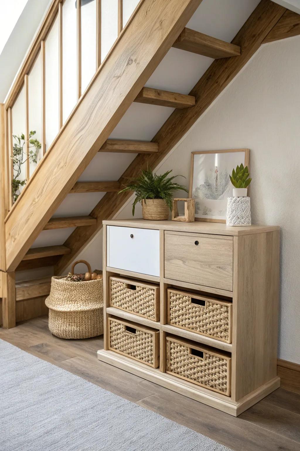 Stair-step modular shelving that hugs loft angles—beautiful storage for every sloped corner.