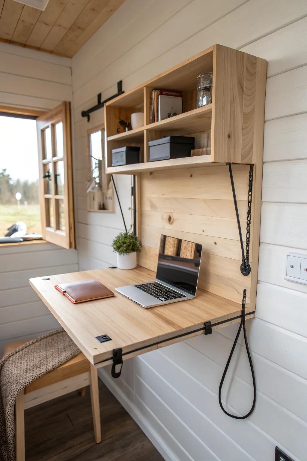 Space-saving fold-down desk in warm oak—work, dine, then fold away for airy shed vibes.